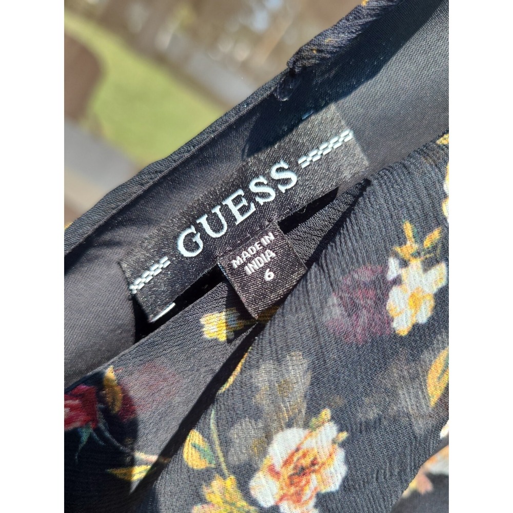 Guess Darcelle Whimsy Floral Printed Black Long Sleeve Ruffled Dress Size: 6 - Picture 9 of 9
